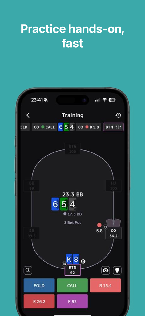 NTPoker – GTO Poker Trainer - Interface of the NTPoker app showing a hands-on GTO training session for Texas Hold'em