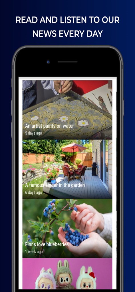English News in Levels - English News in Levels app showing a list of daily news articles with images and headlines for language learning.