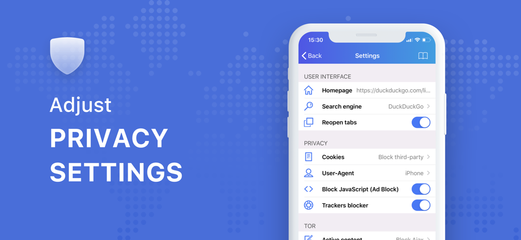 TOR Browserアプリのプライバシー設定メニュー。広告ブロックとトラッカーブロックのオプションを表示。