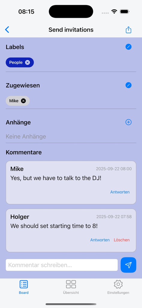 Next Deck app interface showing task details with labels assigned users and project comments