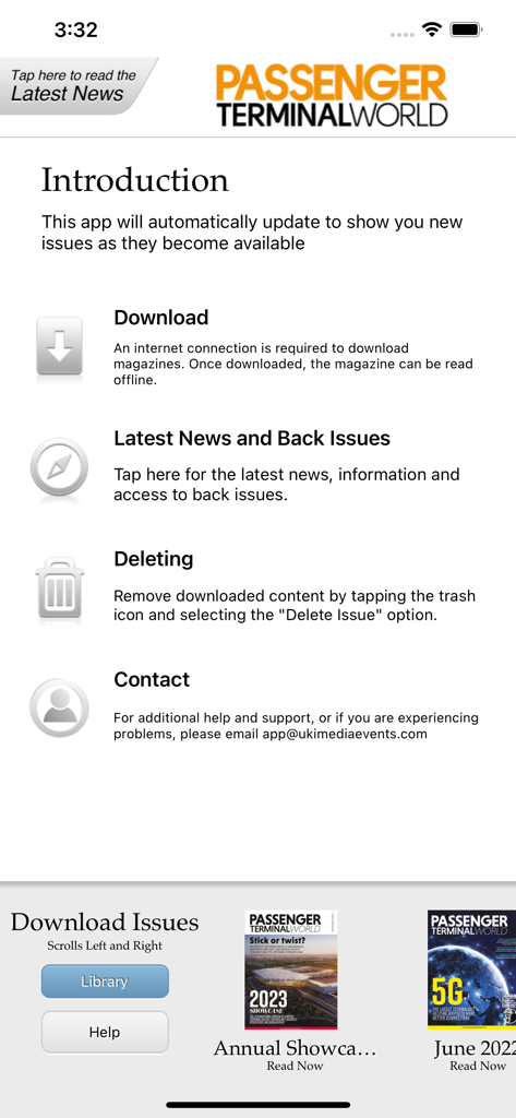 Passenger Terminal World - Startbildschirm der Passenger Terminal World App mit Anleitungen und Ausgaben digitaler Magazine
