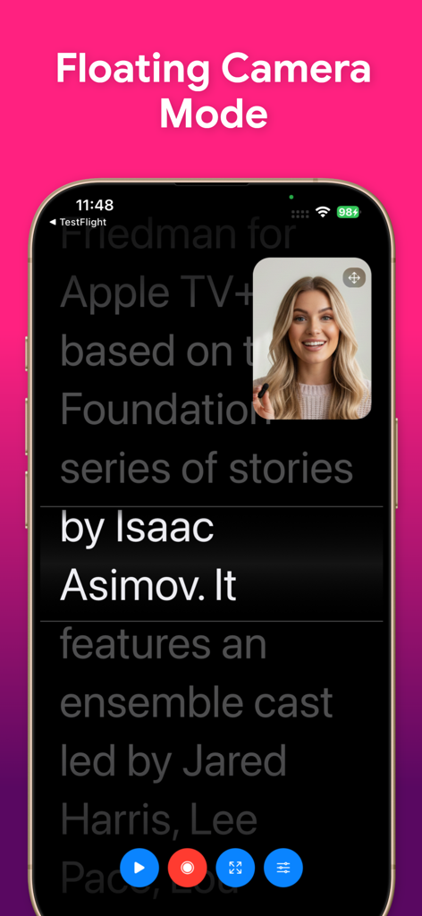 Teleprompter - Video Recording - Pantalla de smartphone mostrando el modo de cámara flotante con un guion desplazándose y una ventana de vista previa de vídeo