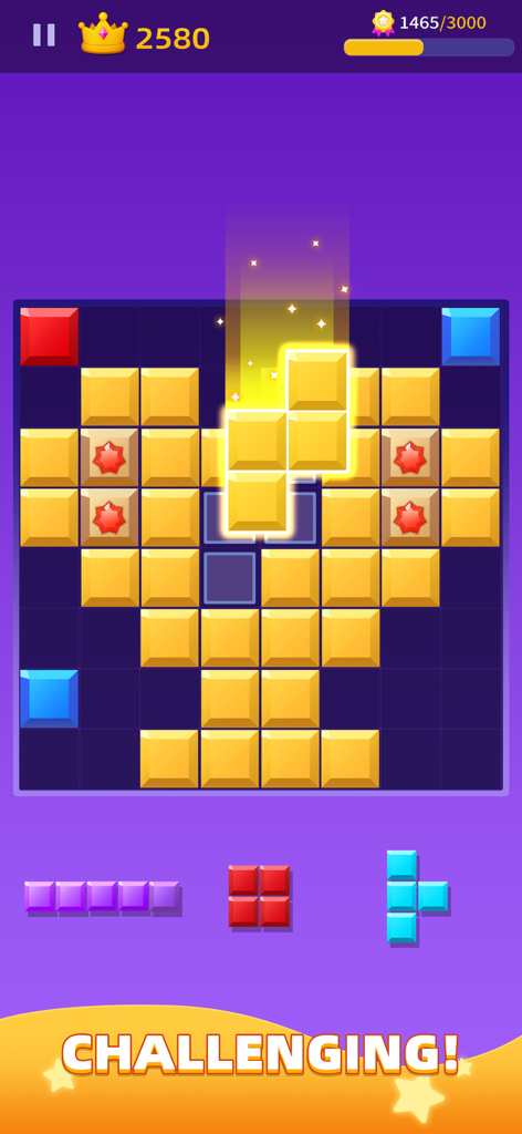 Gameplay of Block Mania Blast Puzzle featuring glowing blocks on a purple grid with a challenging label.