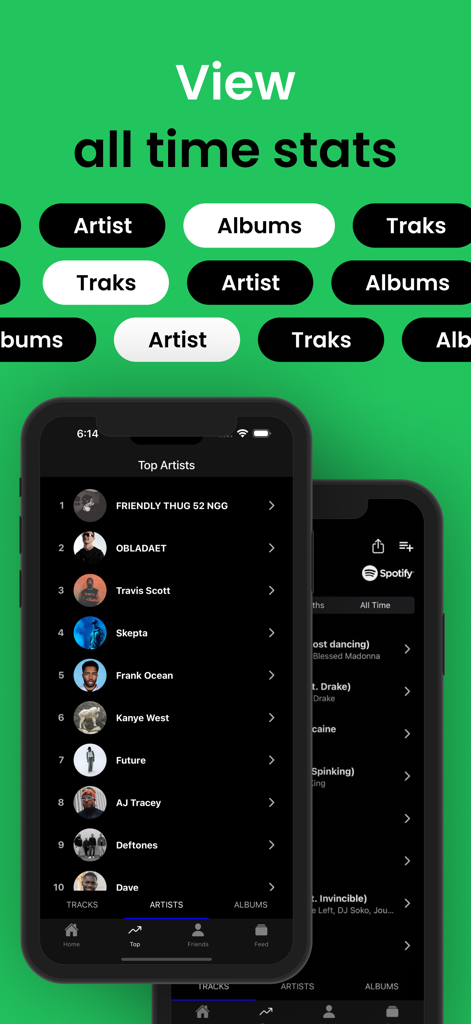 Spotifyのトップアーティストと音楽統計のリストを表示するReceiptifyアプリのインターフェース