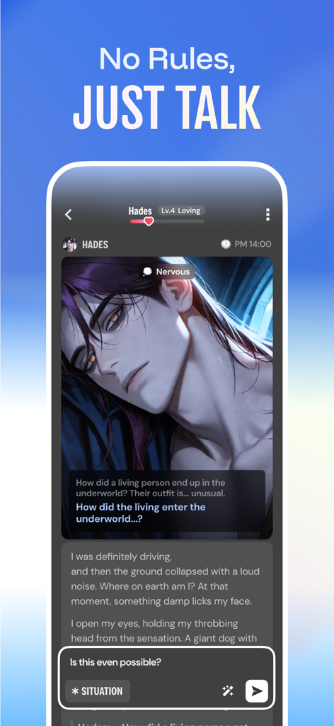 Hey.D : AI Chat, Novel, RPG - Hey.D app interface showing an immersive AI chat and roleplay session with a webtoon-style character named Hades.