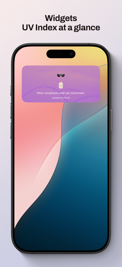 Purple: UV - iPhone home screen showing a minimalist purple UV index widget with sun protection tips.