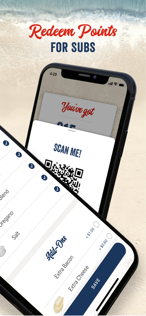 Jersey Mike's mobile app showing Shore Points redemption and order customization features.