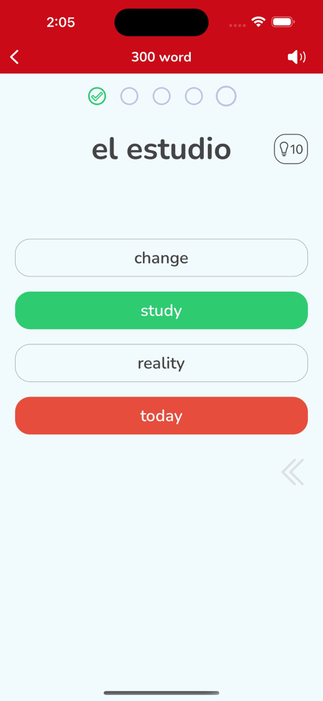 Learn Spanish: How to Speak - Interfaz de la aplicación Aprende Español mostrando un cuestionario de vocabulario para la palabra el estudio con opciones de respuesta múltiple.
