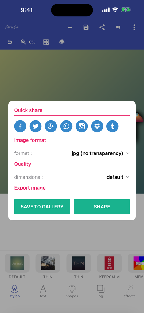 PixelLab app export image pop up with social media sharing icons and format settings