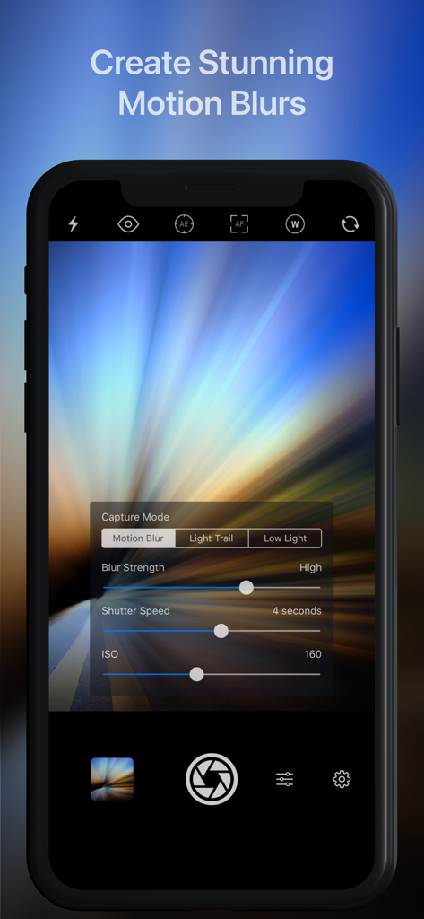 Slow Shutter Cam - Slow Shutter Cam app interface on iPhone showing manual controls for motion blur strength and shutter speed over a light trail photo.