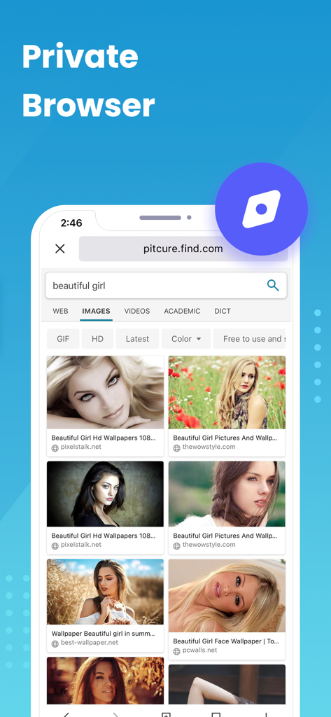 InCalc - The InCalc app interface showing its built-in private browser with an image search results page for downloading photos securely.