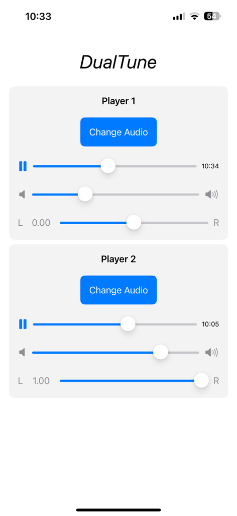 DualTune - Dual Audio Player - DualTune 앱 스크린샷으로, 독립적인 볼륨 및 팬 컨트롤이 있는 두 개의 별도 오디오 플레이어가 표시됩니다.