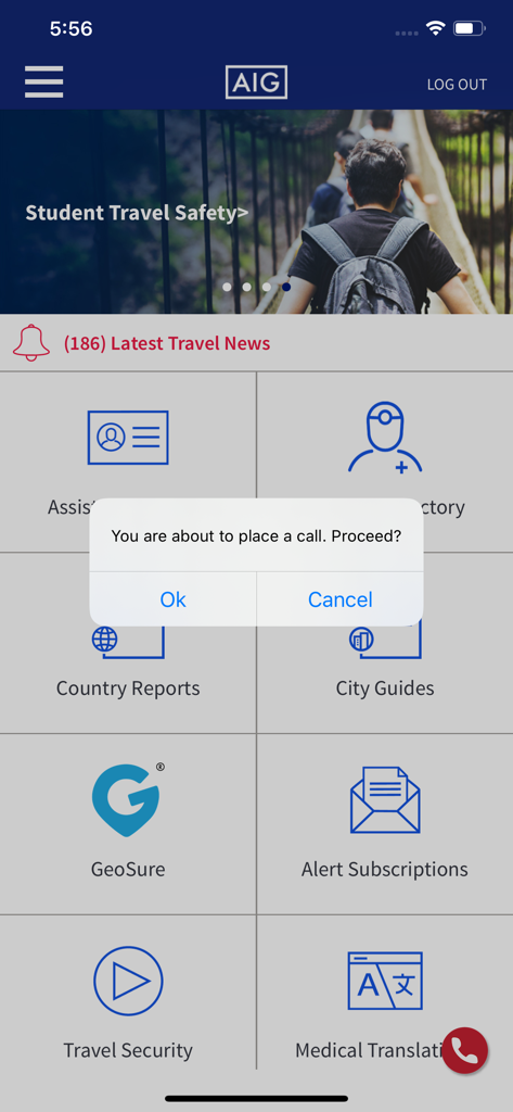 AIG Travel Assistance - Panel de la aplicación AIG Travel Assistance con herramientas de seguridad de viaje y una solicitud de confirmación de llamada