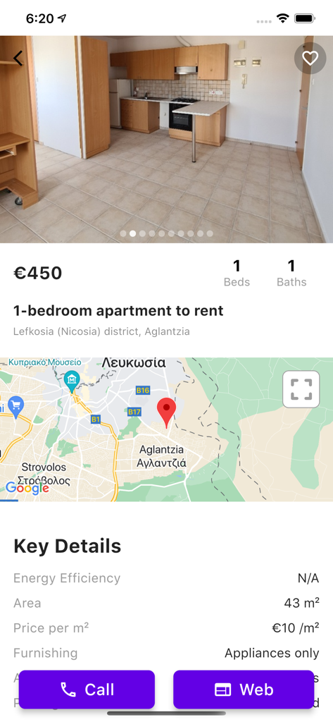 Homy - Un listado de apartamento de un dormitorio en alquiler en Nicosia, Chipre, mostrado en la aplicación móvil Homy