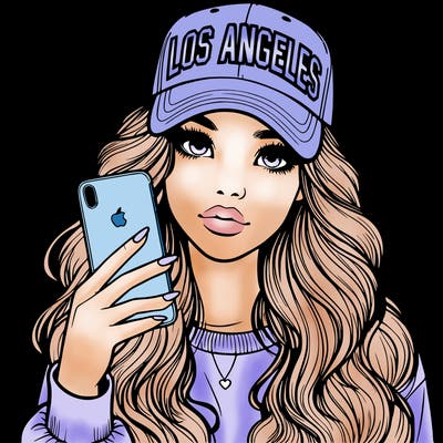 realistic beautiful girl wearing los ángeles cap holding an iphone