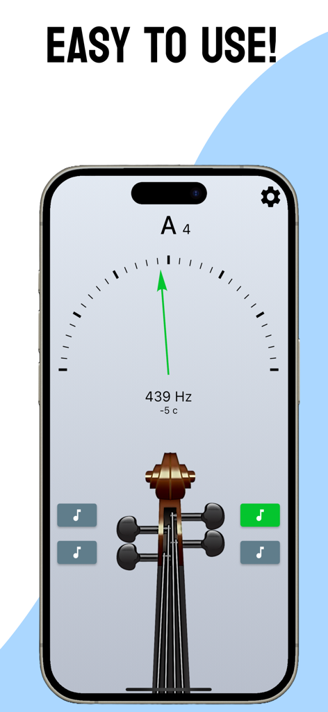 Un écran de smartphone montrant l'application Accordeur de violon avec une interface d'aiguille facile à utiliser et un graphique de tête de violon.