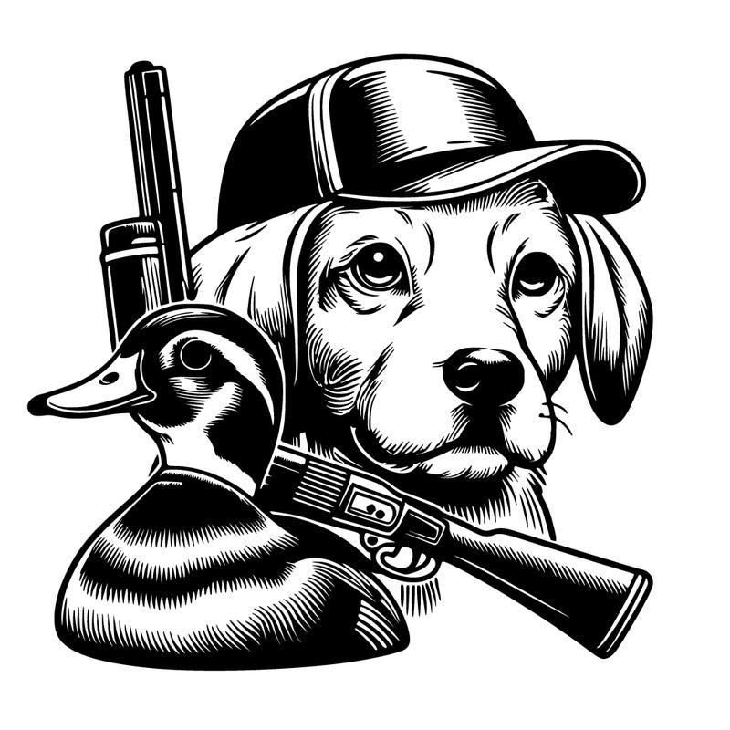 realistic dog with a duck on its head and a gun