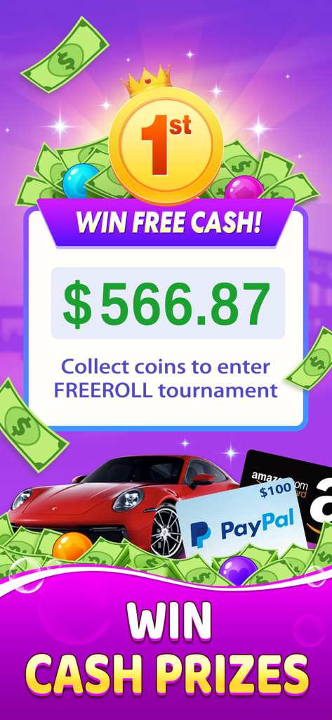 Bubble Clash: Win Real Cash - Bubble Clash app promotional screen showing a cash prize of over five hundred dollars and a first place medal with rewards like PayPal and Amazon gift cards