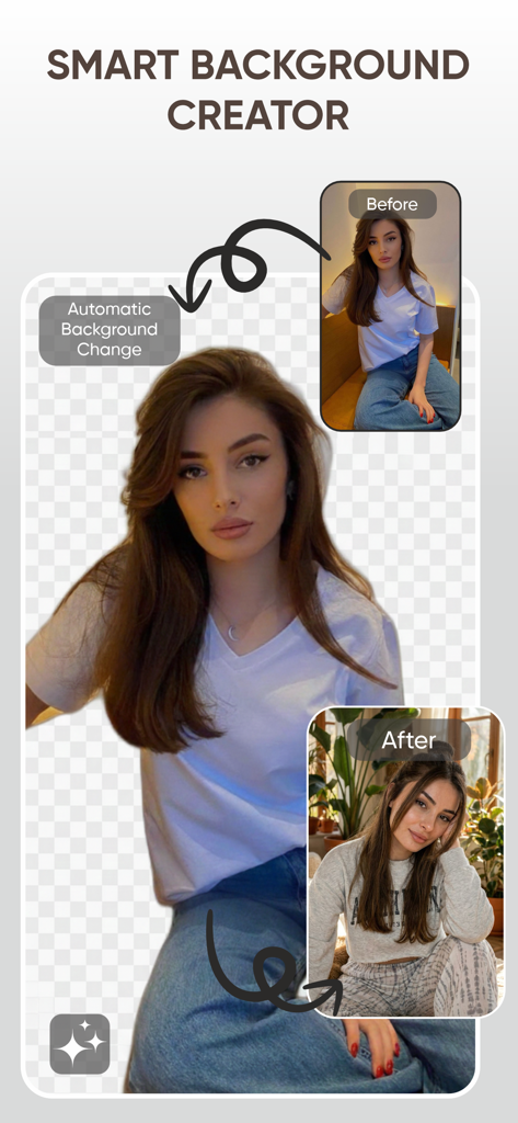 AI Photo Editor: Change Style - 前後写真の結果とともにスマート背景作成機能を示すAI写真編集アプリのインターフェース。