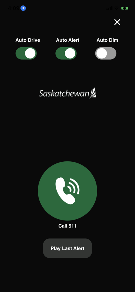 Saskatchewan Highway Hotline app screen showing Call 511 button and audio alert settings