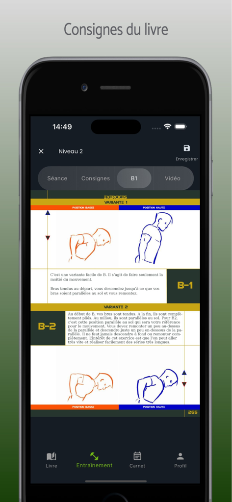 Méthode Lafay 2A - Screenshot of the Methode Lafay 2A app showing digital book instructions with illustrations for bodyweight exercises