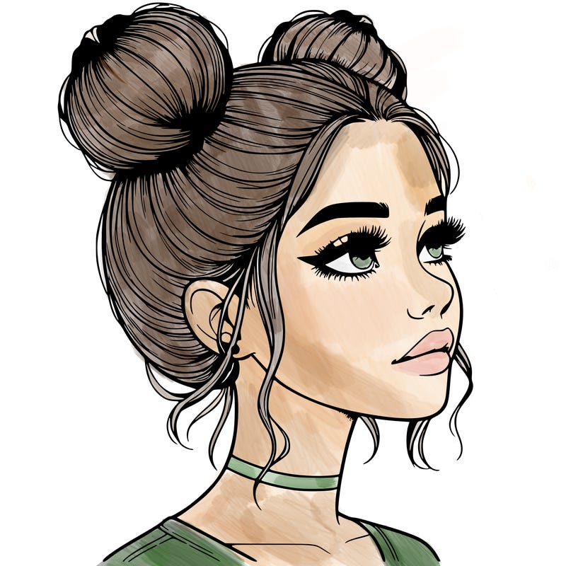 realistic girl with buns on the top of her head