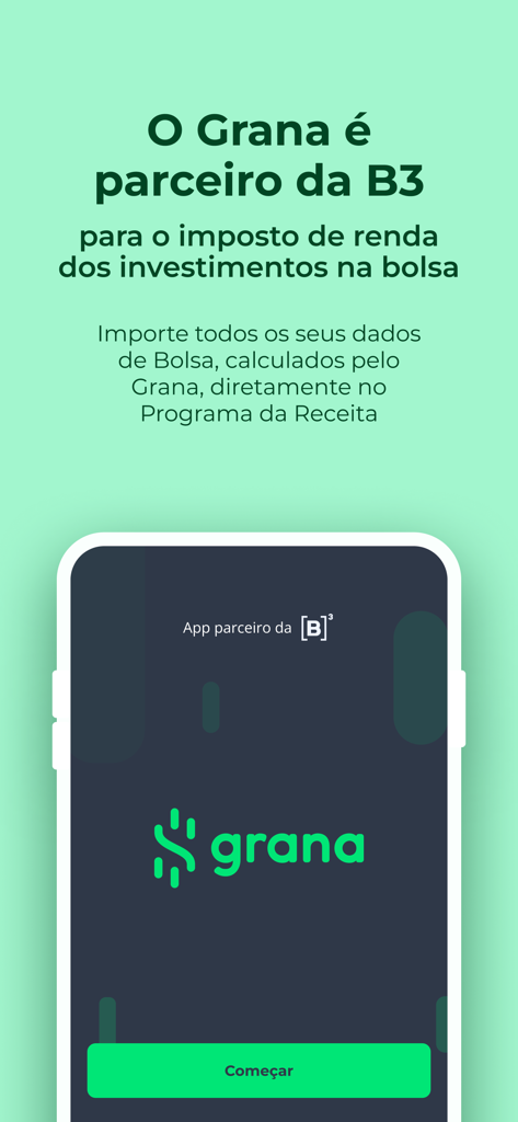 Pantalla de la app Grana que muestra la asociación con B3, la Bolsa de Valores brasileña, para cálculos automatizados de impuestos sobre la renta