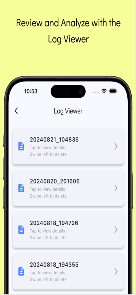 Code Blue: CPR Event Timer - A list of recorded medical events and timestamps within the Code Blue app log viewer.