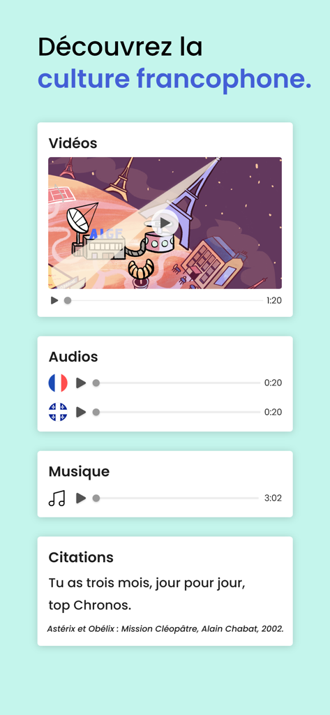 Frantastique Orthographe - Benutzeroberfläche der Frantastique-App mit Multimedia-Karten für französische Kultur, einschließlich Videos, Audios und Zitaten