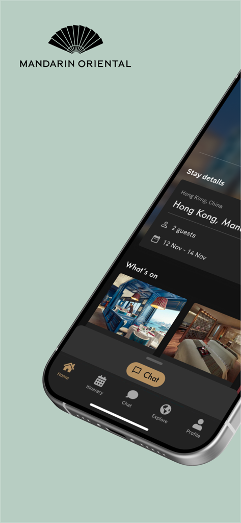 홍콩 여행 숙박 세부 정보를 보여주는 만다린 오리엔탈 앱 인터페이스