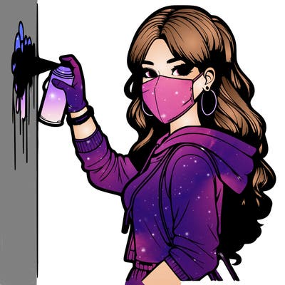 realistic girl with mask spray painting a wall