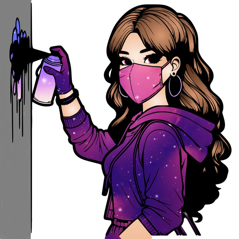 realistic girl with mask spray painting a wall