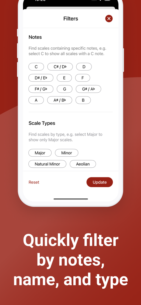 Scale Finder: Guitar Theory - Interface of the Scale Finder app showing filters for musical notes and scale types such as major and minor.