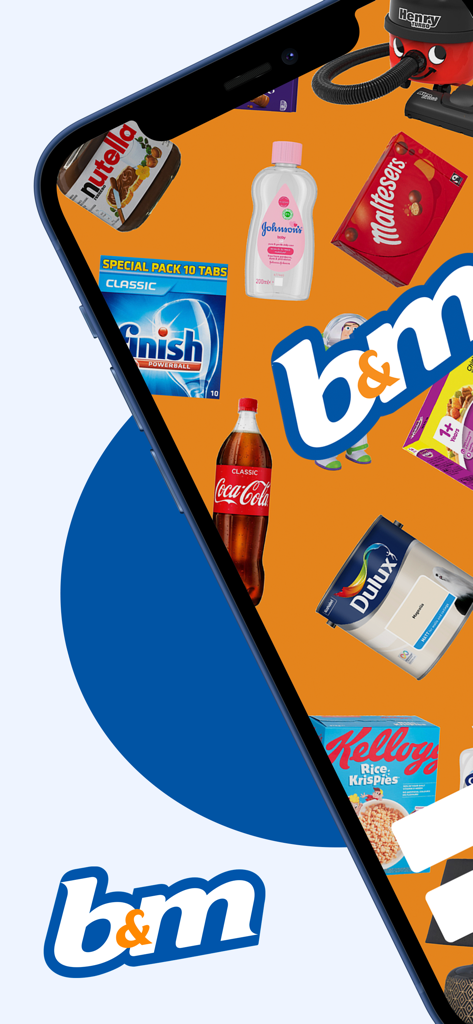 Écran de l'application B and M présentant diverses marques de produits ménagers comme Coca Cola et Nutella