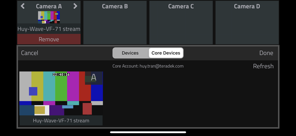 Interfaccia dell'app Vuer HDR per il monitoraggio di flussi multipli di telecamere.