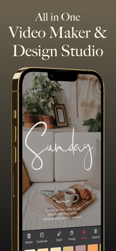 Shox 앱의 동영상 메이커 및 디자인 스튜디오 인터페이스를 보여주는 모바일 폰