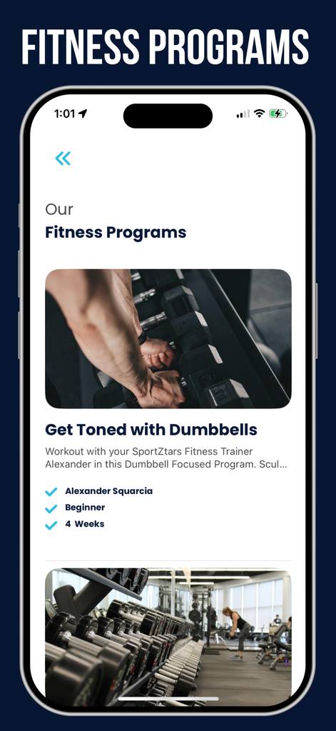 SportZtars:Body Transformation - SportZtars mobile app interface showing a four week beginner fitness program titled Get Toned with Dumbbells.