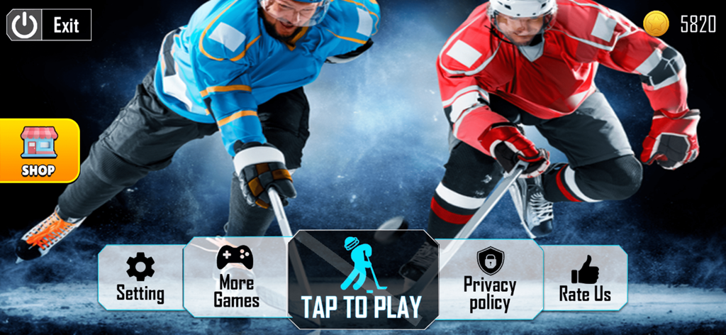 Ice Hockey Legend Sports Mania - Main menu screen of Ice Hockey Legend Sports Mania showing two hockey players and a tap to play button