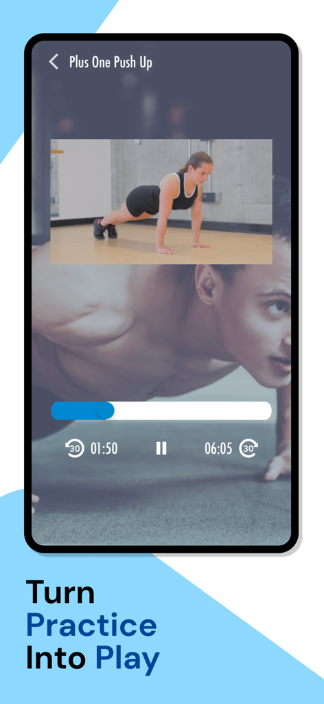 Cheerleading Conditioning - A mobile app interface showing a video tutorial for a plus one push up exercise as part of a cheerleading conditioning program