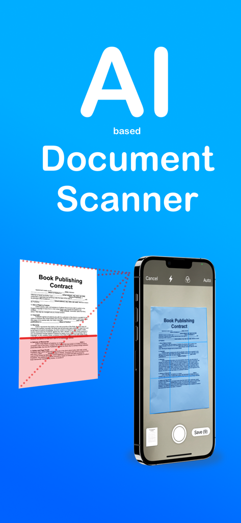 AI Document Scanner app interface scanning a paper contract on an iPhone