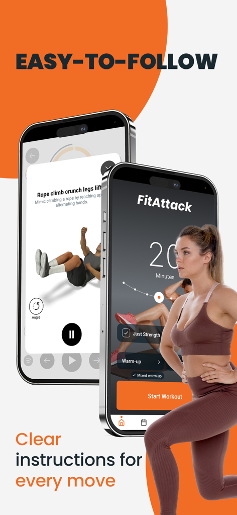 Interfaz de la aplicación FitAttack que muestra instrucciones de ejercicios de peso corporal y a una mujer haciendo ejercicio.