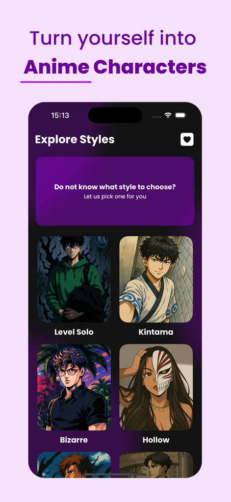 Anime Filter: AniMe - AniMe-App-Bildschirm mit einer Vielzahl von Anime-Kunststilen zur Umwandlung von Fotos in Charaktere