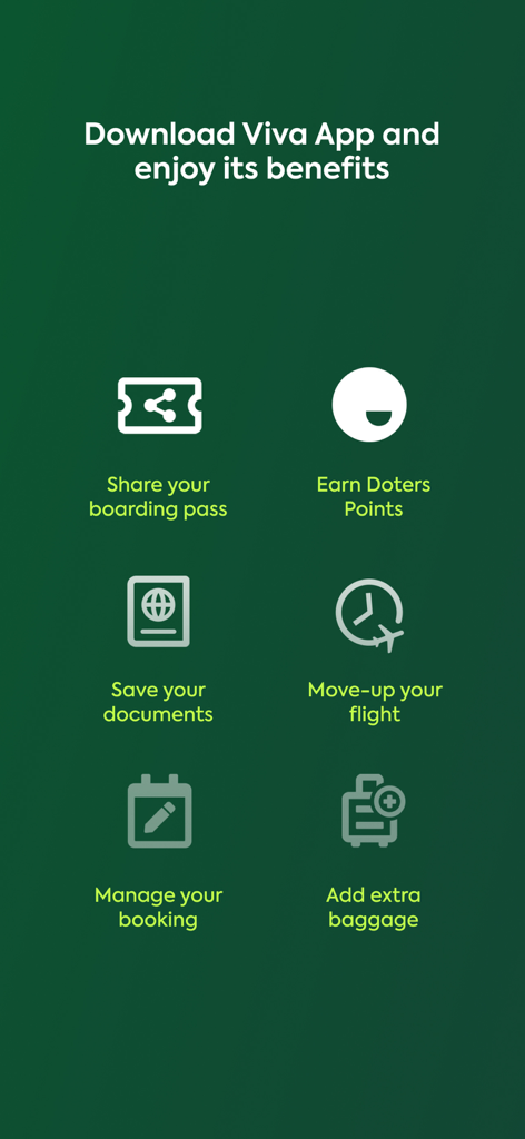 Viva Aerobus: Fly! - Una lista de beneficios de la app Viva Aerobus que incluyen compartir el pase de abordar, ganar puntos, guardar documentos y gestión de reservas.