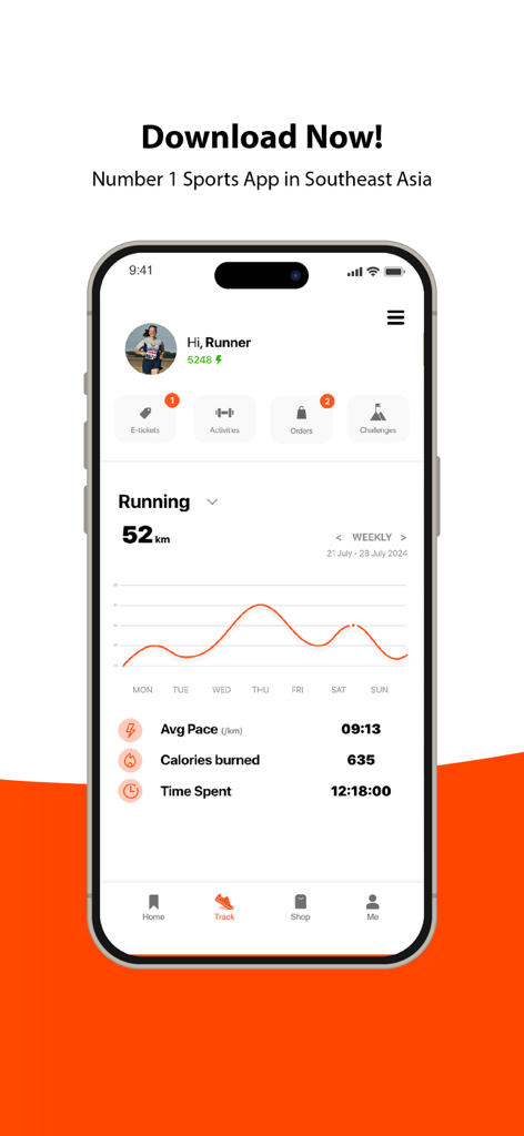 JomRun app dashboard displaying weekly running distance and activity statistics