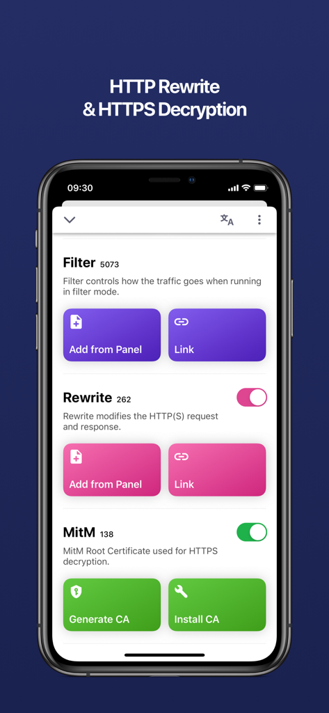 Interface of Quantumult X showing configuration options for HTTP Rewrite and MitM HTTPS decryption