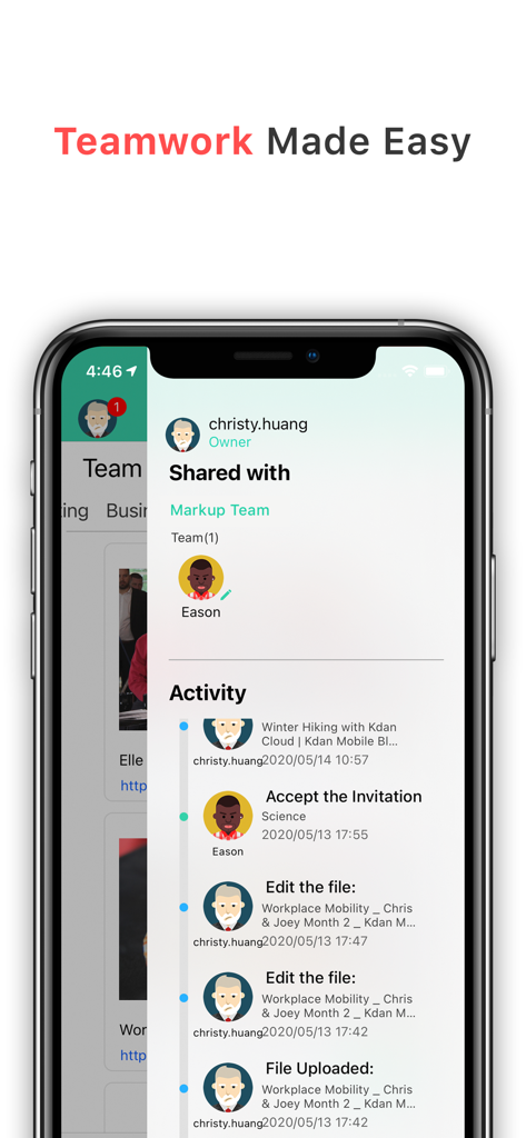 Markup Ultimate app interface showing team collaboration and activity feed for shared files.