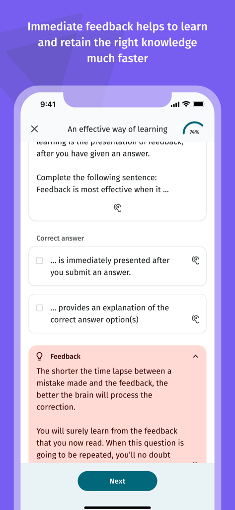 Drillster - Drillster App-Oberfläche mit einer Lernfrage mit sofortigem Feedback und Kompetenzverfolgung