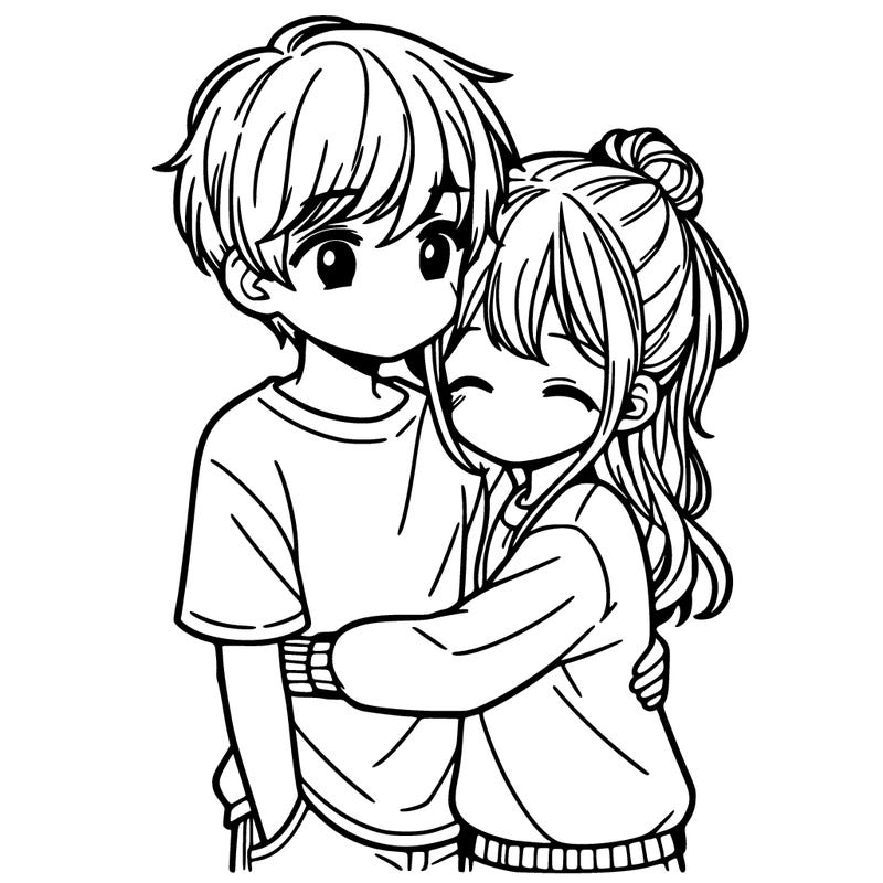 a boy and girl couple in a manga style and the boy is hugging the girl around the waist