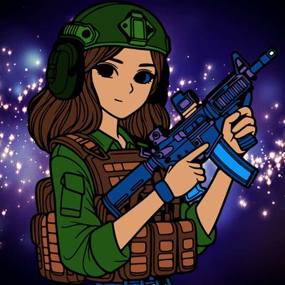 a woman in army gear with a gun