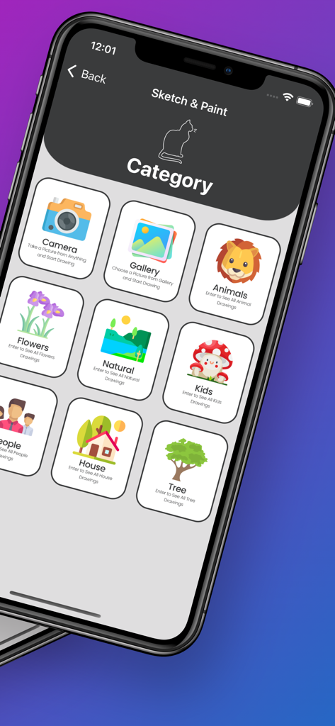 AR Drawing: Sketching & Paint - Category selection screen in AR Drawing app with icons for animals flowers and nature